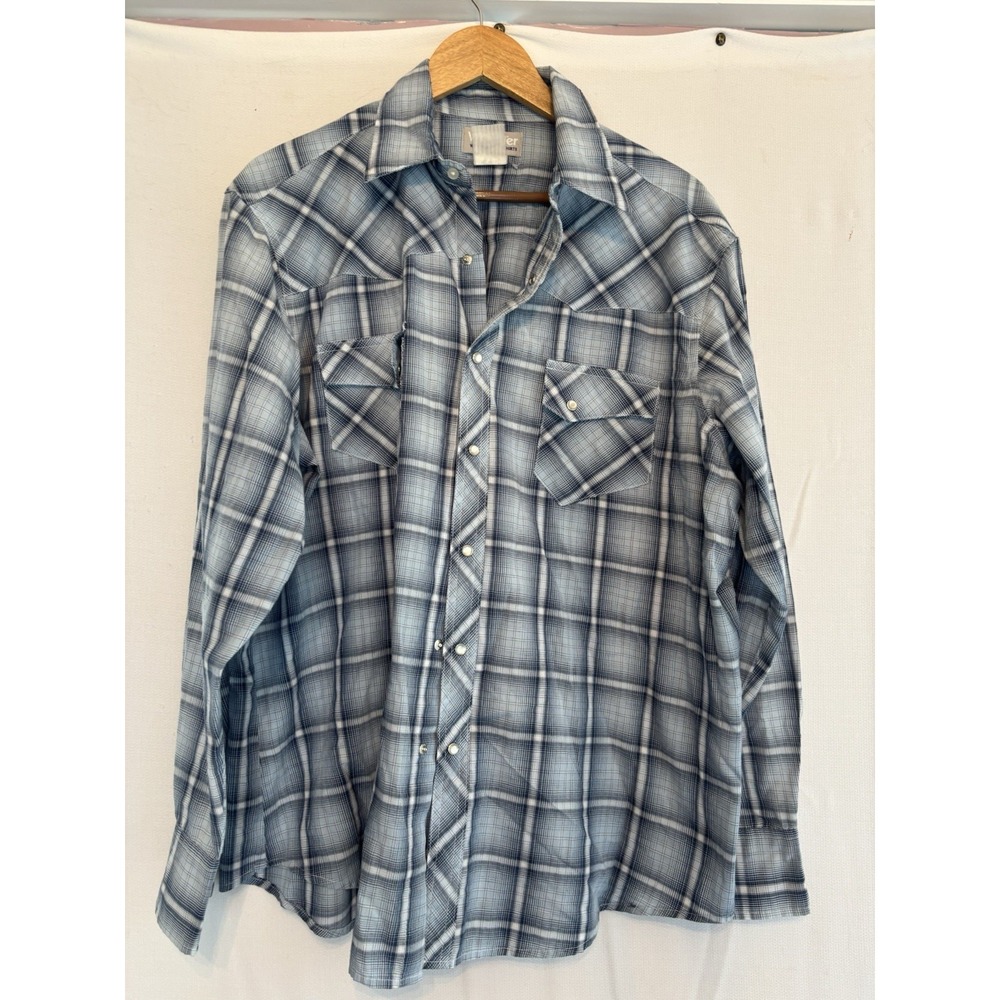 Wrangler Wrancher Mens XL Shirt Western Pearl Snap L/SL Button-Down Plaid Blue